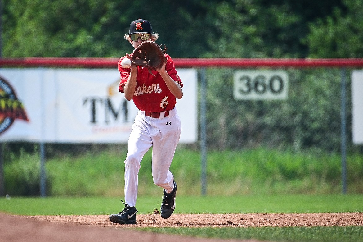 Lakers AA second shortstop Kaden Drish (6) fields a grounder against the Billings Scarlets at Griffin Field on Thursday, July 18. (Casey Kreider/Daily Inter Lake)