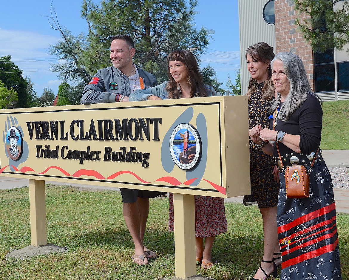 Cyndy Clairmont (right) and three of the family's four children – Jeff, Mandy and Shanna – were on hand last Friday to celebrate the renaming of the Tribal Complex in Pablo in honor of husband, father and longtime finance director Vern Clairmont, who died a year ago on July 11. (Kristi Niemeyer/Leader)