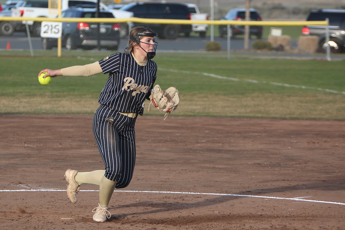 Royal rising junior Jill Allred pitches against Eastmont during a game in the 2024 regular season. Allred was the only pitcher on Royal’s roster this spring.