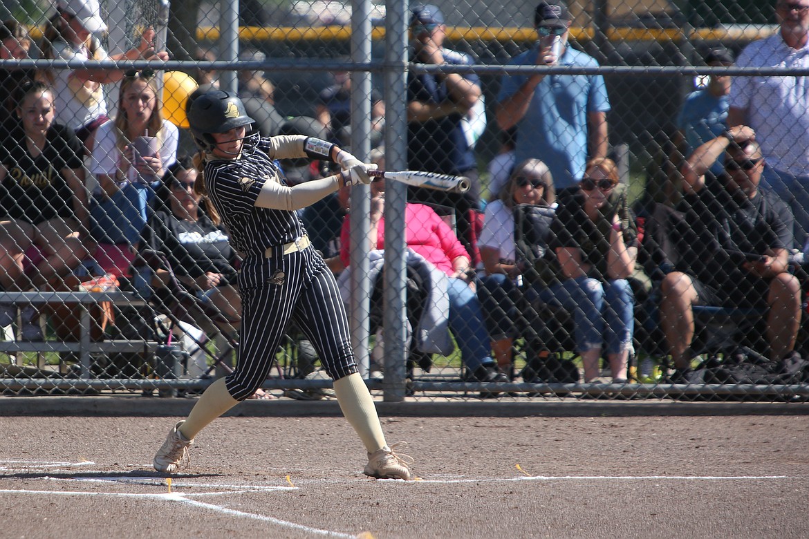 Jill Allred waits for a pitch in the batter’s box during a state playoff game against Klahowya in Richland. Allred picked up 48 hits this spring while driving in 43 runs.