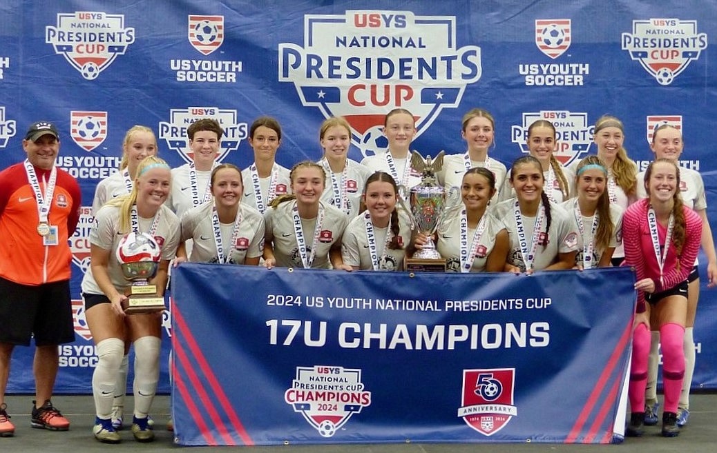 The Thorns North FC 07 Girls Academy soccer team won the U.S. Youth Soccer National Presidents Cup in the 17U division on Tuesday in Wichita, Kan. In the front row from left are Kennedy Hartzell, Lily Bole, Emerson Rakes, Mattie Fish, Marisol Stosich, Bailey Koster, Ava Glahe and Lilliana Brinkmeier; and back row from left, head coach Mark Plakorus, Katie Kovatch, Grace Hatch, Isabella Grimmett, Avery Lathen, Jaina Grothe, Savannah Ross, Sloan Waddell, Olivia Smith and Cameron Fischer.