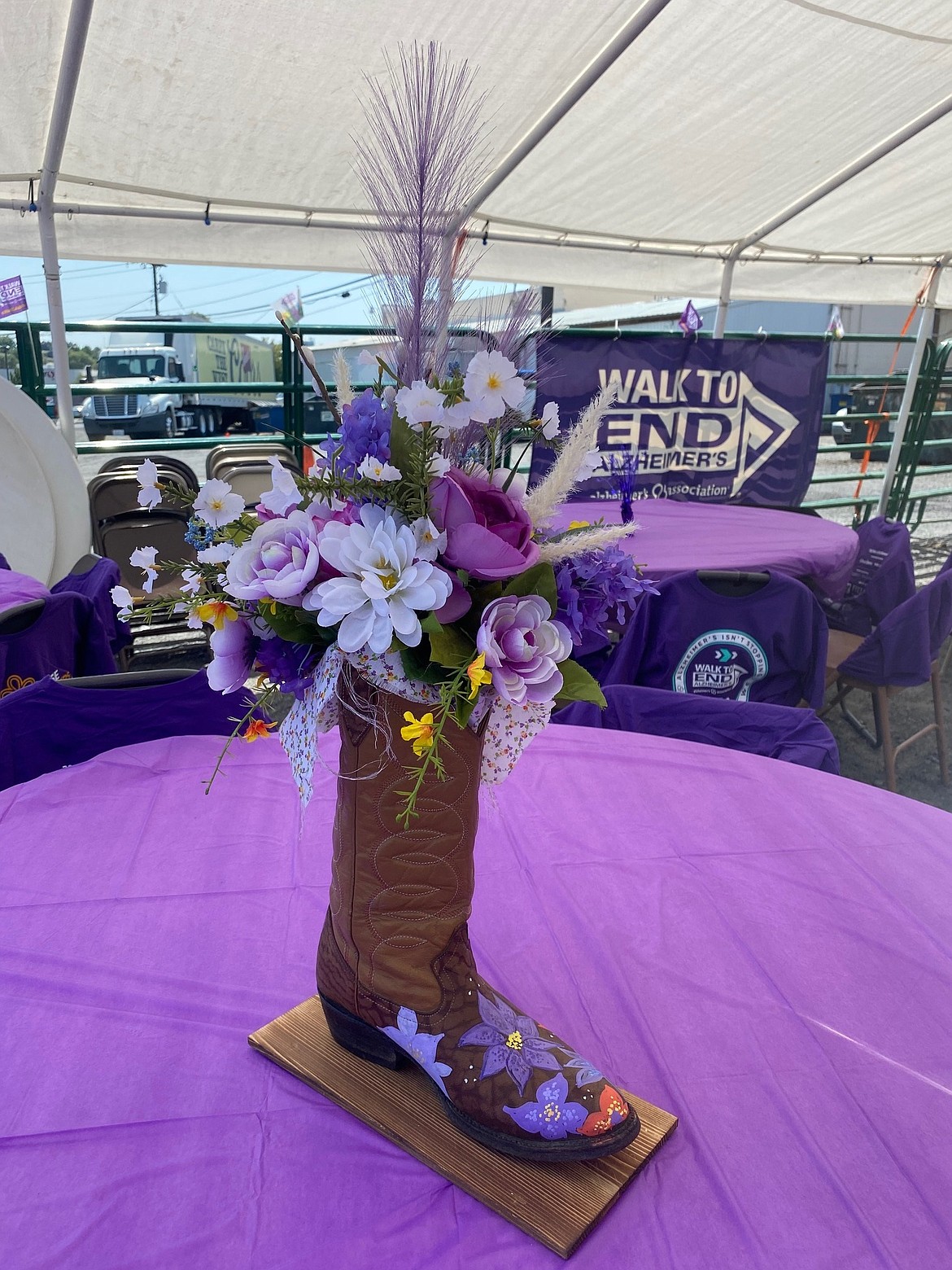 Decorated boots were the door prize at the Walk to End Alzheimer’s Purple Party Thursday.