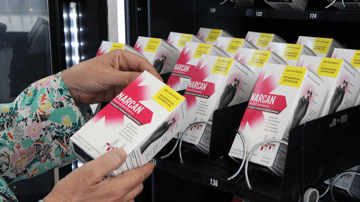 Narcan boxes inside the harm reduction vending machine in downtown Helena's Law and Justice Center. (Mara Silvers/Montana Free Press)