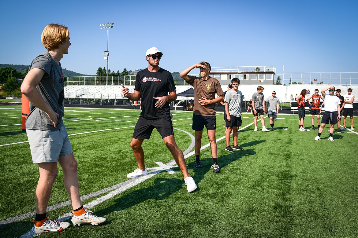 Former NFL and Flathead Braves quarterback Brock Osweiler runs a drill with campers at the Flathead Braves Football Camp at Legends Stadium on Saturday, July 20. (Casey Kreider/Daily Inter Lake)