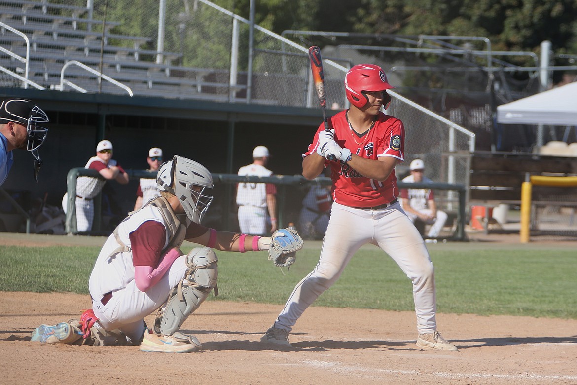 Red Raider shortstop Sonny Salazar, in red, waits for a pitch during Friday’s game against Walla Walla at Parker Field in Yakima. Salazar led Othello with two hits and two RBI in Friday’s game.