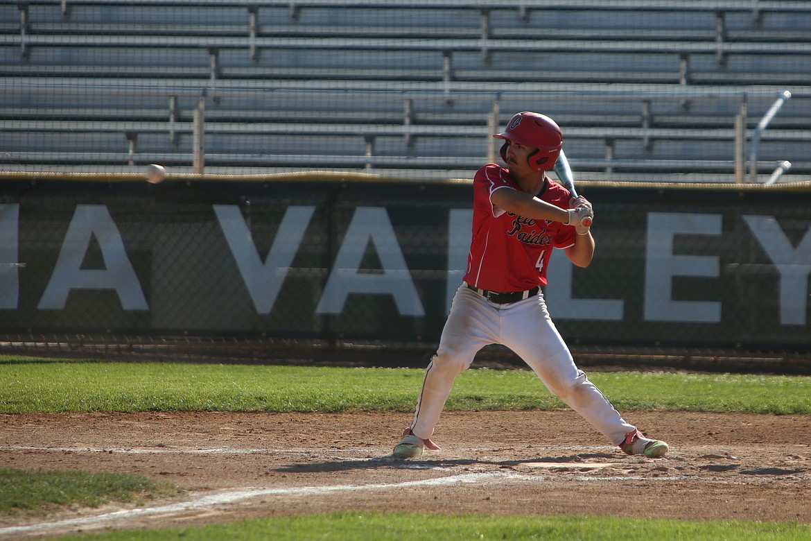 Othello pitcher Kal-El Ozuna tracks an incoming pitch during Friday’s district game against Walla Walla.