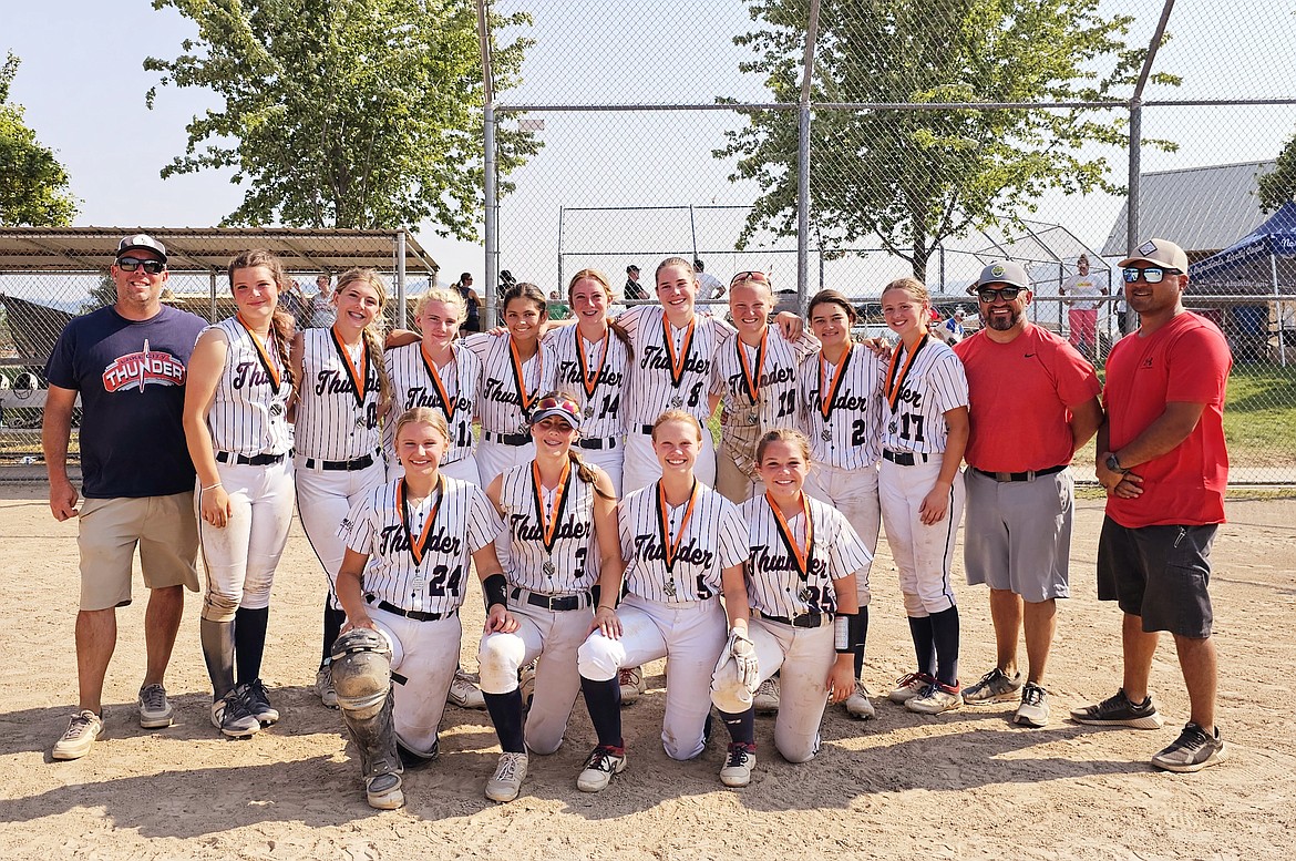 Courtesy photo
The 14U Lake City Thunder girls fastpitch softball team played up and took second place in the 16/18U Gold Bracket championship game at the Summer River Bash tournament in Post Falls last weekend. In the front row from left are Sophia Gum, Grace Schneider, Allison Grantham and Shayne McGowan; and back row from left, coach Jason Nevills, Ava Nevills, Brooklyn Caan, Shiloh McCoy, Abigail Helmholz, Whitney Hollen, Shae Jones, Jaya Felix, Kulani Peahu, Adilyn Wenglikowski, coach Scott McGowan and coach Duston Kubo.