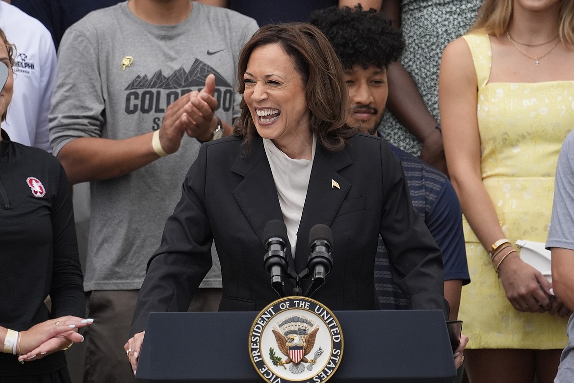 Vice President Kamala Harris speaks from the South Lawn of the White House in Washington, Monday, July 22, 2024, during an event with NCAA college athletes. This is her first public appearance since President Joe Biden endorsed her to be the next presidential nominee of the Democratic Party. (AP Photo/Alex Brandon)