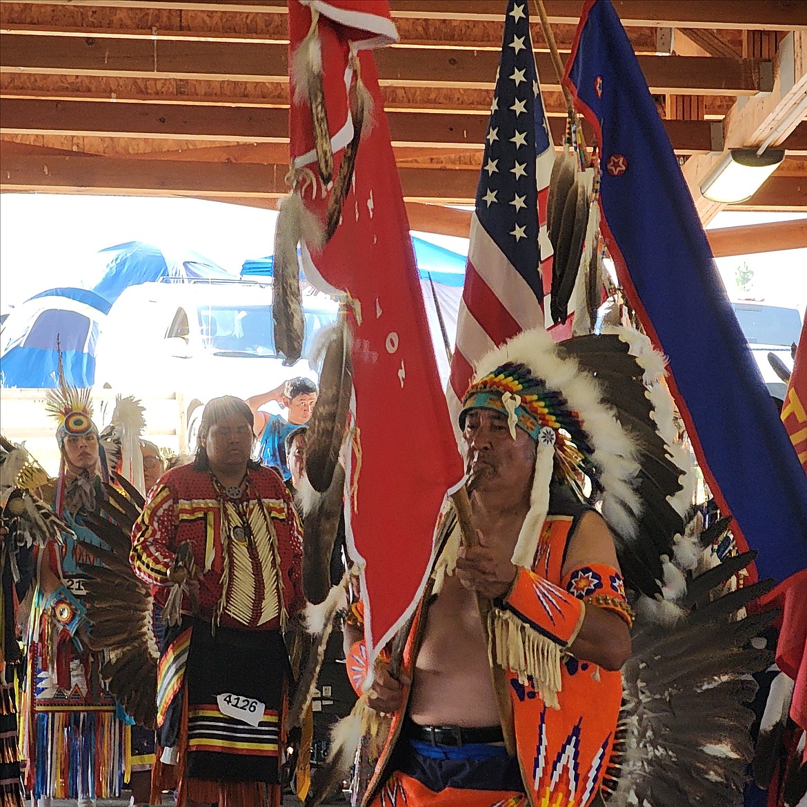 Eagle Staff Carrier and War Chief Mike Kenmille headed the grand entries at the Standing Arrow Powwow last weekend.(Berl tiskus/Leader)