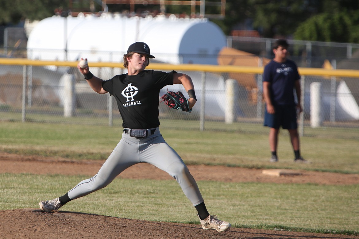 Almira/Coulee-Hartline pitcher Hunter Flaa pitches during a July 12 game against Gonzaga Prep. Head Coach Mike Correia credited the ACH pitching staff for their strong performances in pool play of the AA Area 3 district tournament.