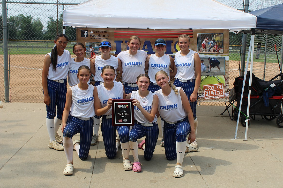 Courtesy photo
The Coeur d'Alene Crush 14U fastpitch softball team placed fourth at the recent Idaho state championships in Boise. In the front row from left are Ada Blakemore, Maddy Pratt, Molly Nelson and Madeline Peterson; and back row from left, Jaiden Corbey, Ella Ferguson, Macy Waterhouse, Jenna Davenport, Paityn Froman and Reese Vanek.