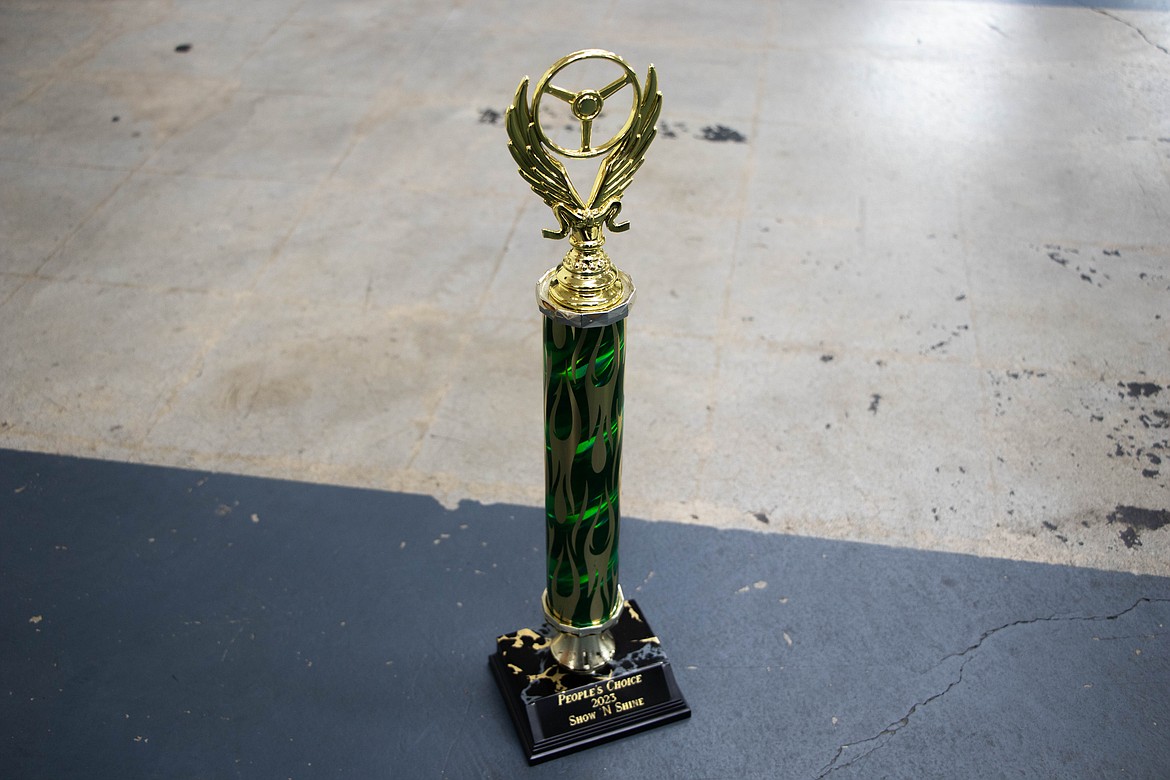 Heidi Fletcher's trophy from when she won the People's Choice award for her 1990 Nissan Pao at the 2023 Show N Shine car show in Evergreen. (Kate Heston/Daily Inter Lake)