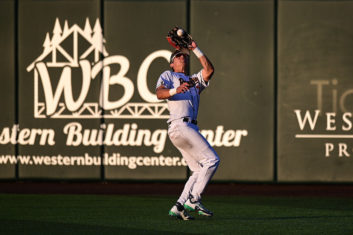 Glacier right fielder Chad Castillo (28) makes a catch in the sixth inning against Boise at Glacier Bank Park on Tuesday, July 23. (Casey Kreider/Daily Inter Lake)