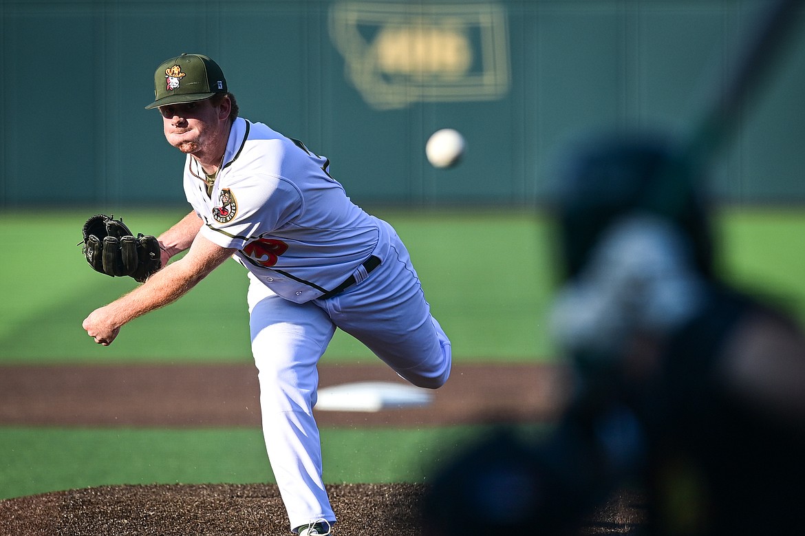 Glacier starting pitcher Tyler Clayton (39) delivers in the first inning against Boise at Glacier Bank Park on Tuesday, July 23. (Casey Kreider/Daily Inter Lake)