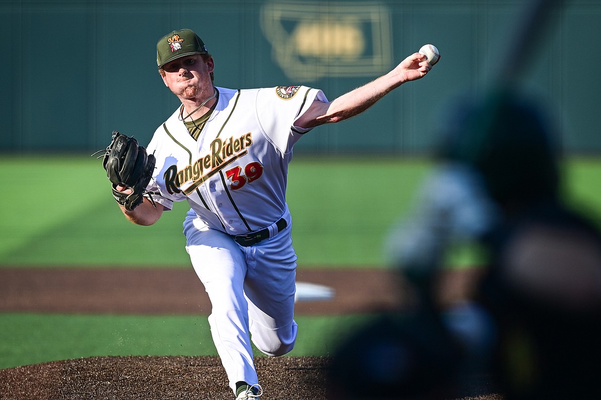 Glacier starting pitcher Tyler Clayton (39) delivers in the first inning against Boise at Glacier Bank Park on Tuesday, July 23. (Casey Kreider/Daily Inter Lake)