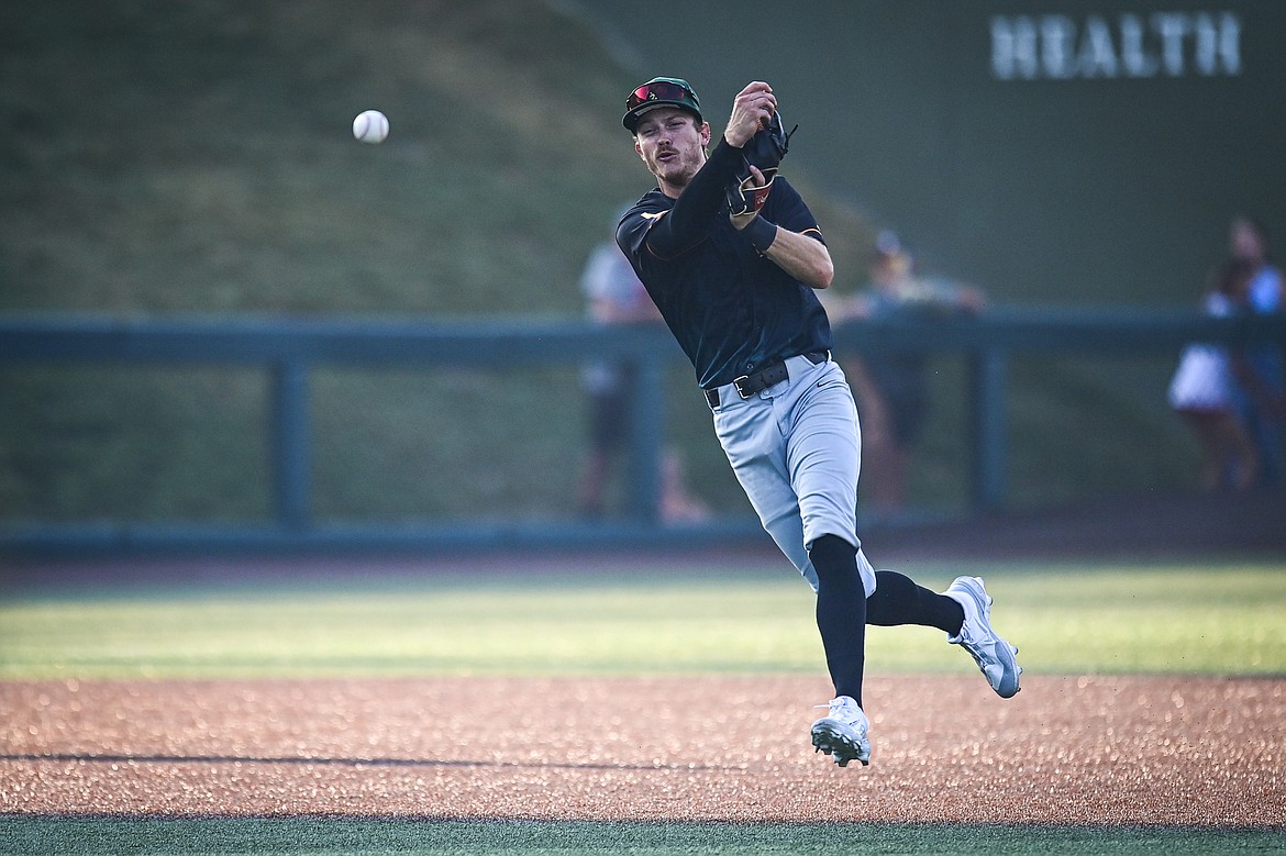 Boise shortstop Tyler Jorgenson (24) throws to first for an out against Glacier at Glacier Bank Park on Tuesday, July 23. (Casey Kreider/Daily Inter Lake)