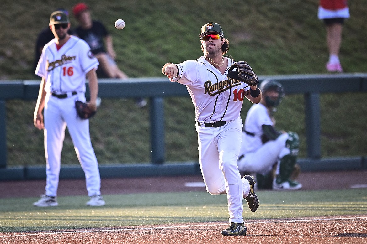 Glacier third baseman Gabe Howell (10) throws to first for an out against Boise at Glacier Bank Park on Tuesday, July 23. (Casey Kreider/Daily Inter Lake)