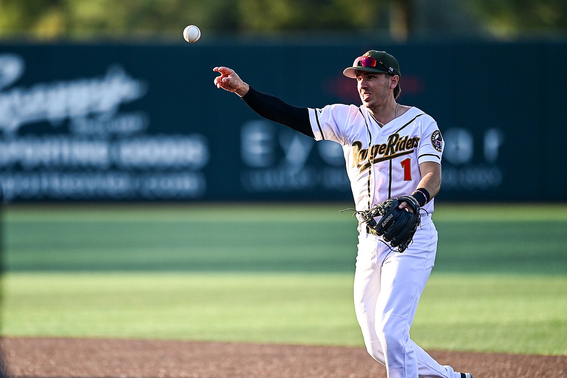 Glacier second baseman Christian Kirtley (1) throws to first base for an out against Boise at Glacier Bank Park on Tuesday, July 23. (Casey Kreider/Daily Inter Lake)