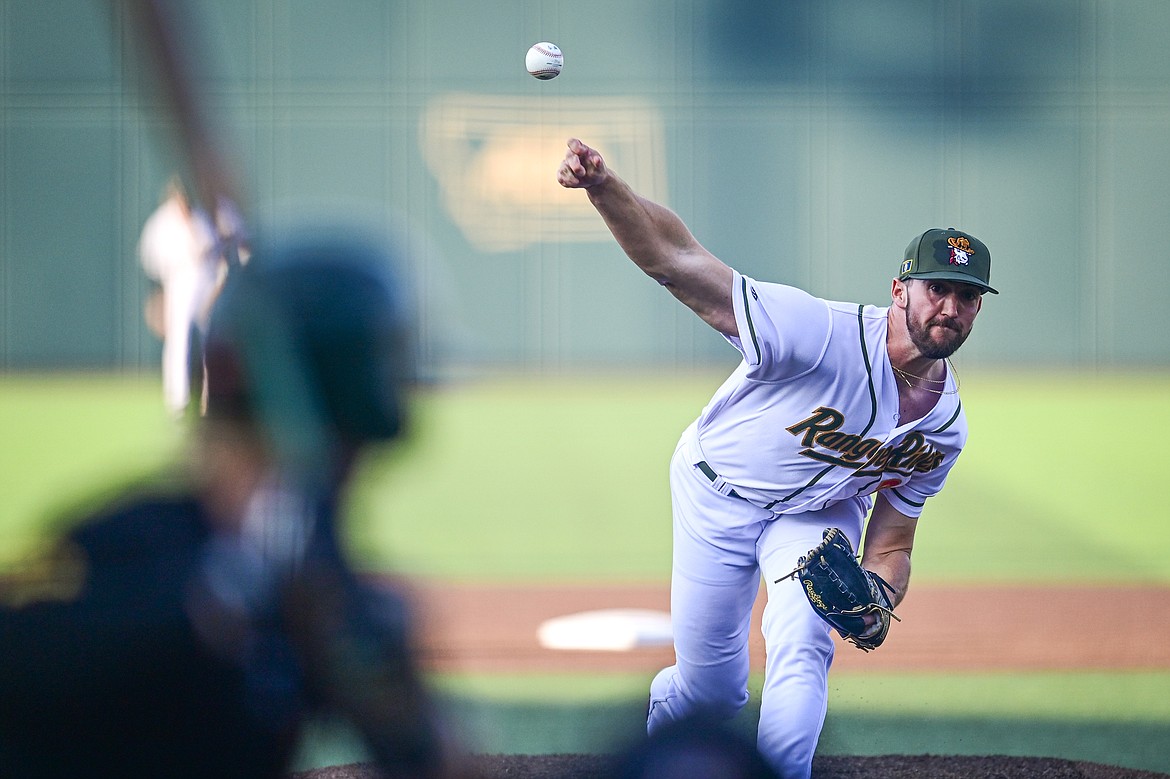 Glacier reliever Carter Raffield (20) delivers in the second inning against Boise at Glacier Bank Park on Tuesday, July 23. (Casey Kreider/Daily Inter Lake)