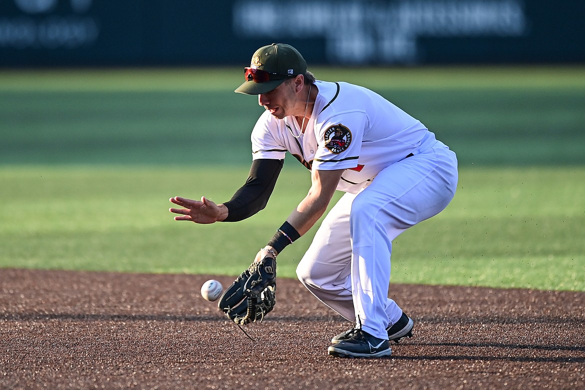 Glacier second baseman Christian Kirtley (1) fields a ground ball against Boise at Glacier Bank Park on Tuesday, July 23. (Casey Kreider/Daily Inter Lake)