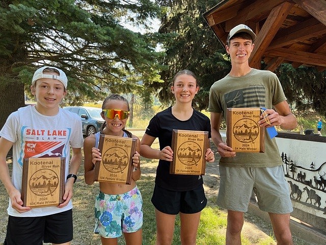 (left) Kootenai River Run winners, Moreau Parr-Coffin 10K Male; Emalyn Bell 10K Female; Paloma Parr-Coffin 5K Female; and Nathan Copen 5K Male.