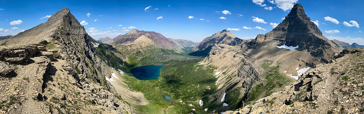 Panorama showing Mount Morgan, Red Mountain, Pitamakan Pass, Oldman Lake, Rising Wolf Mountain and Flinsch Peak from the Continental Divide Trail in Glacier National Park on Sunday, July 14. (Casey Kreider/Daily Inter Lake)