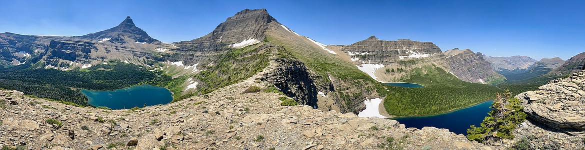 Panorama from Pitamakan Pass showing Flinsch Peak, Oldman Lake, Mount Morgan, McClintock Mountain, Lake of the Seven Winds and Pitamakan Lake in Glacier National Park on Sunday, July 14. (Casey Kreider/Daily Inter Lake)