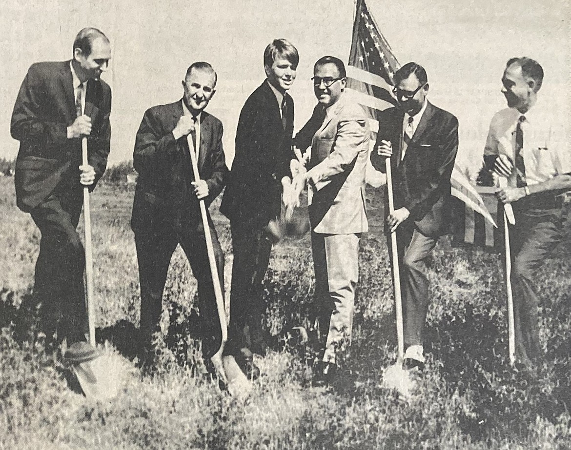 Handling shovels for the 1969 Coeur d’Alene High groundbreaking ceremony were, from left, architect Owen Bratvold, school Superintendent Clay Coy, student president Tim Shepperd, school board Chairman Lloyd Diltz, building contractor Halvor Halvorson and architect Fulton Gale Jr.