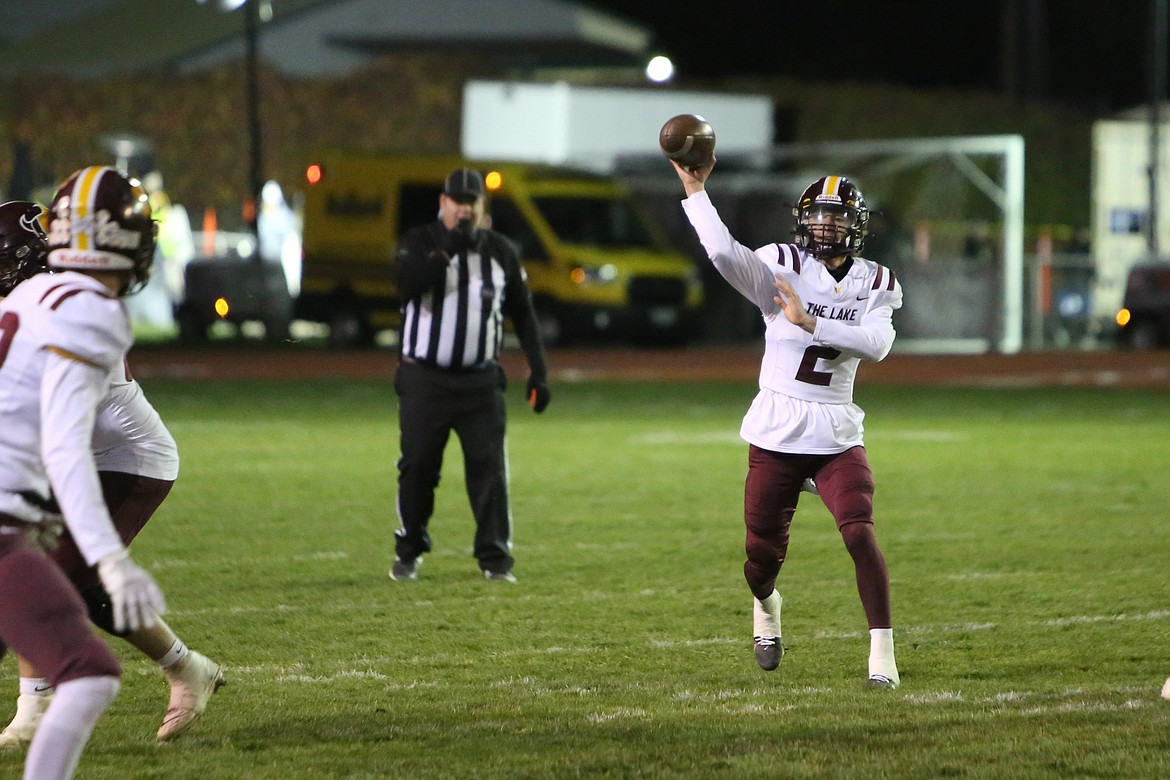 Moses Lake quarterback Brady Jay throws a pass during a road game against Eastmont during the 2023 football season.