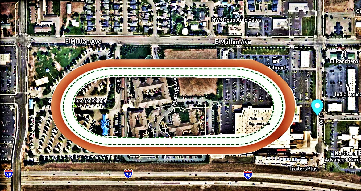 An artist’s rendering of a mile-long oval that has been superimposed over a recent satellite map shows us how the Alan Race Track might have looked like today between the Post Falls Walmart store and the Coeur d’Alene RV Resort, its historic location.