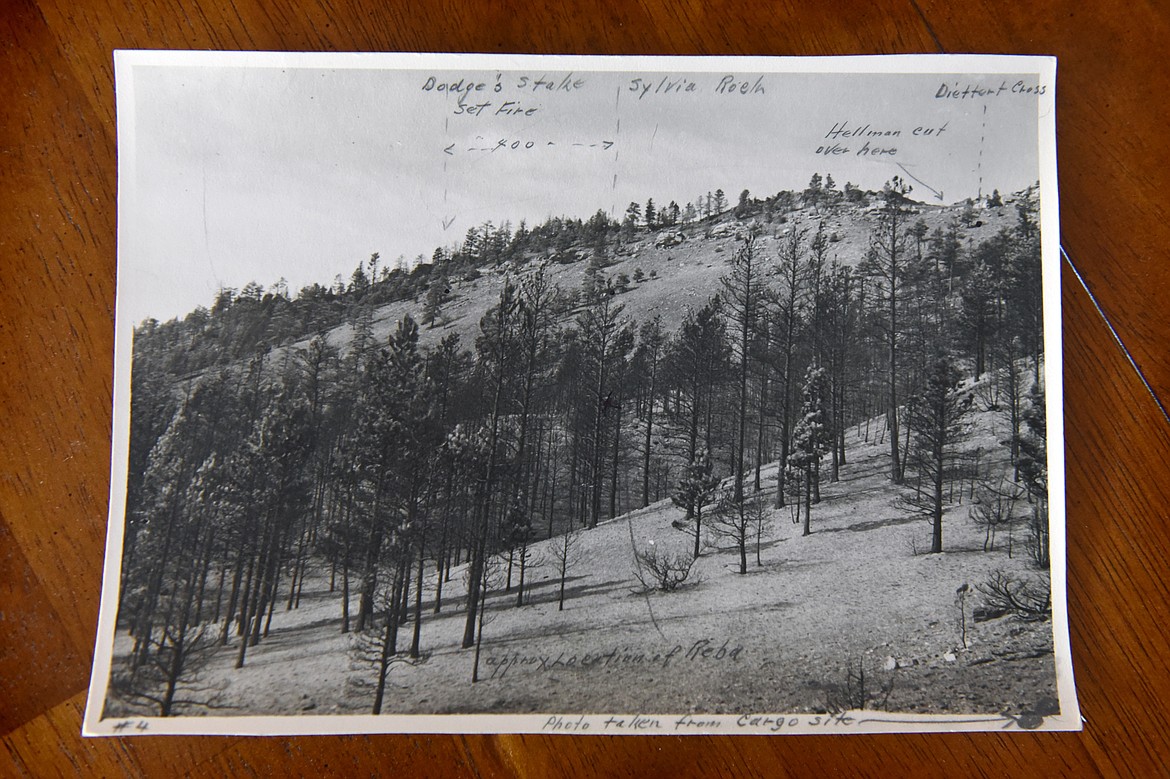 A Forest Service photo showing the locations where some of the men who died in the Mann Gulch fire fell on Aug. 5, 1949. (Casey Kreider/Daily Inter Lake)