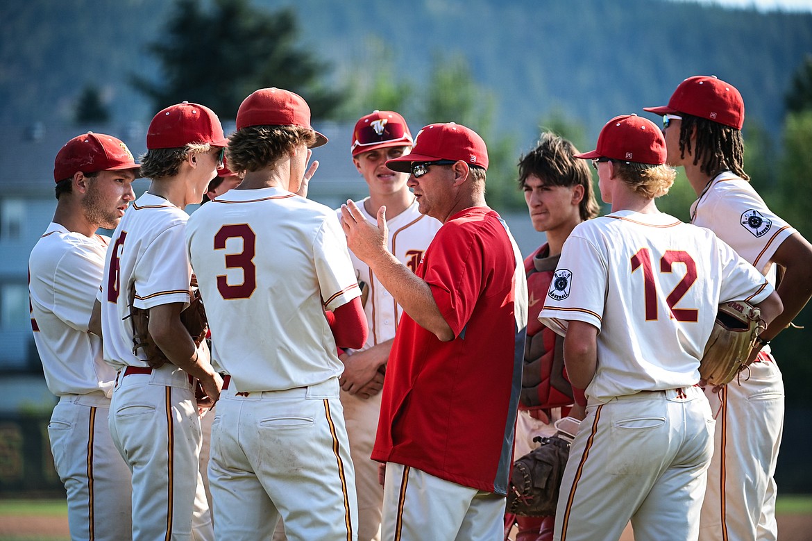 Lakers head coach Ryan Malmin talks to the team in between innings against Great Falls at Griffin Field on Friday, July 26. (Casey Kreider/Daily Inter Lake)