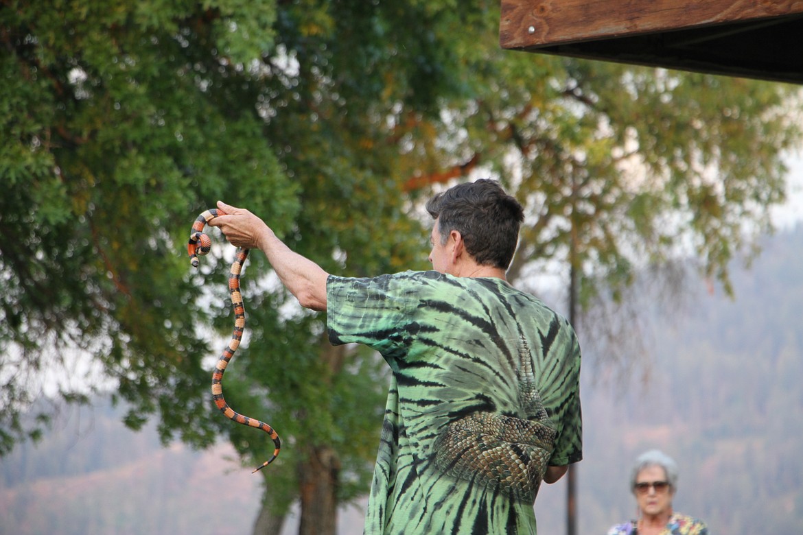 Peterson holds up a harmless milk snake for the audience.