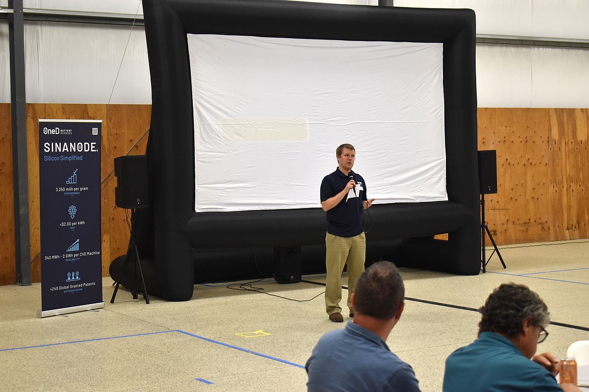 Nick Kamerath speaks at the official groundbreaking for OneD Battery Sciences’ Moses Lake plant in November of 2023.