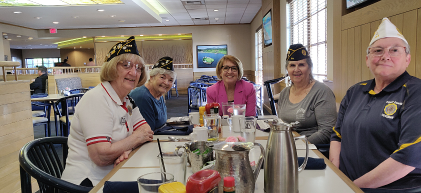 Four local women veterans from American Legion Post No. 154 in Rathdrum recently met with Idaho State Treasurer Julie Ellsworth. From left: Helen Kinder, Jean Bledsoe, Ellsworth, Ruth Aresvik and Dee Sasse.