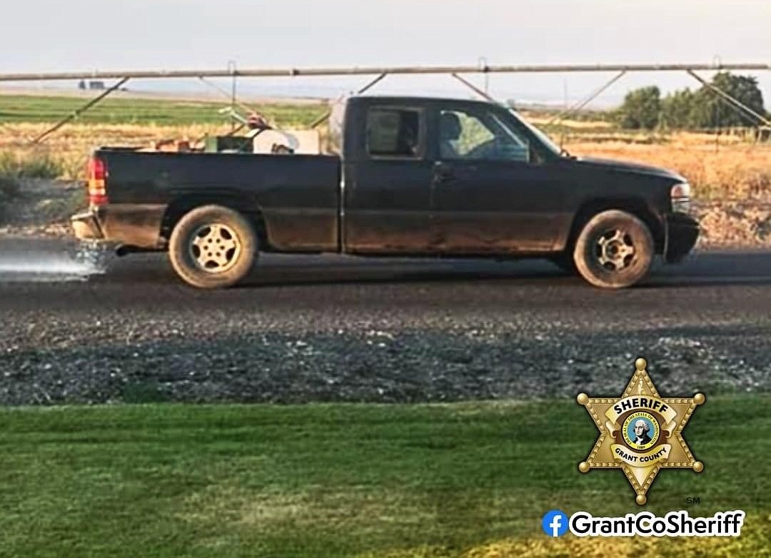 The Grant County Sheriff’s Office is investigating the black 2001 Chevy pickup truck driven by Oscar E. Ruiz Ramos for possible involvement in additional crimes. Anyone who recognizes the truck shown in the photo is asked to contact the department at 509-761-1160.