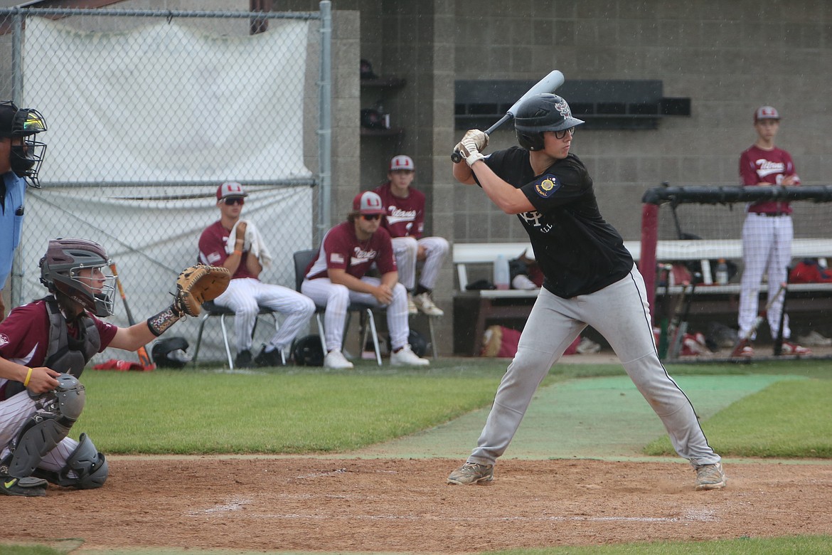 Almira/Coulee-Hartline shortstop Caden Correia, in black, led off Monday’s game against Spokane Valley with a triple. Correia recorded a hit in all four of the Warrior’s games at the AA State Tournament.