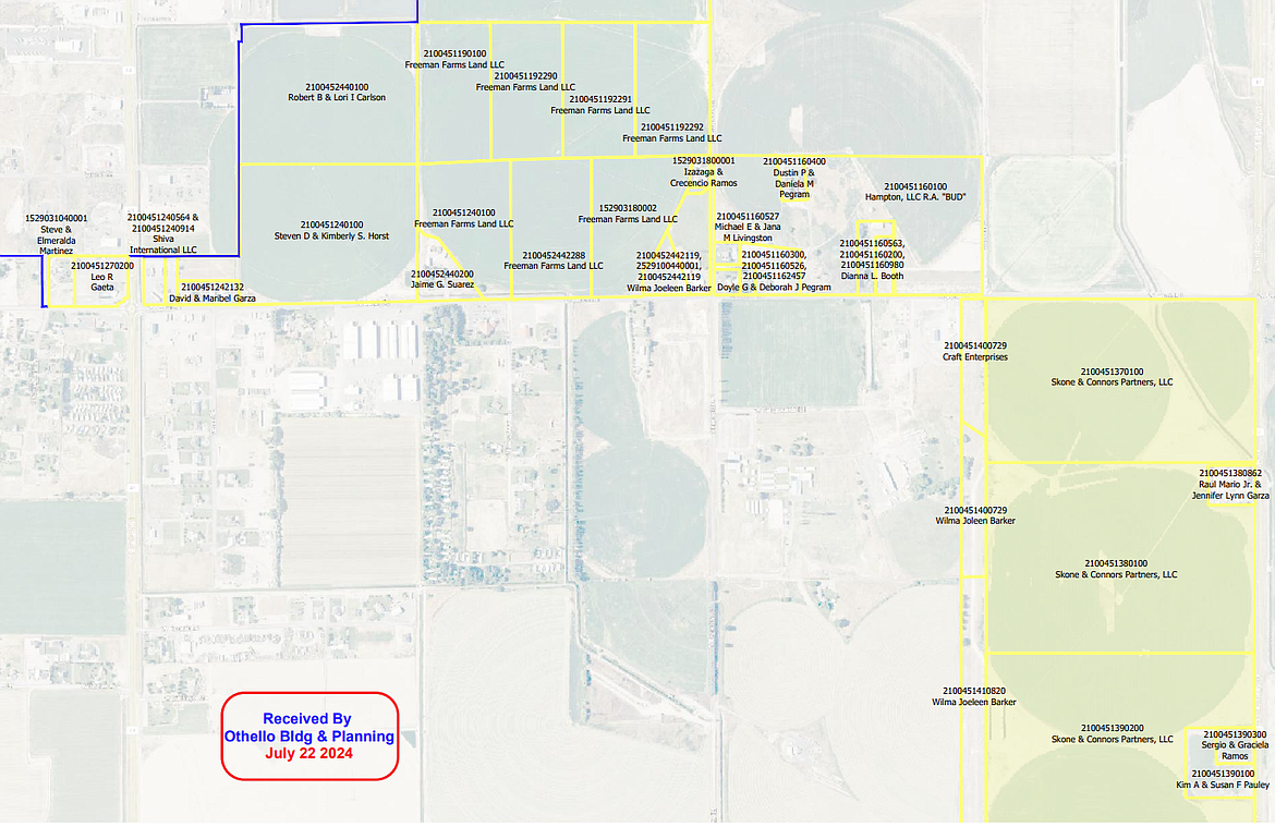 Othello council members voted to accept a request for annexation of about 750 acres, outlined into yellow, into the city. City officials discovered an error on the map when it was presented to the council, and it will be updated.