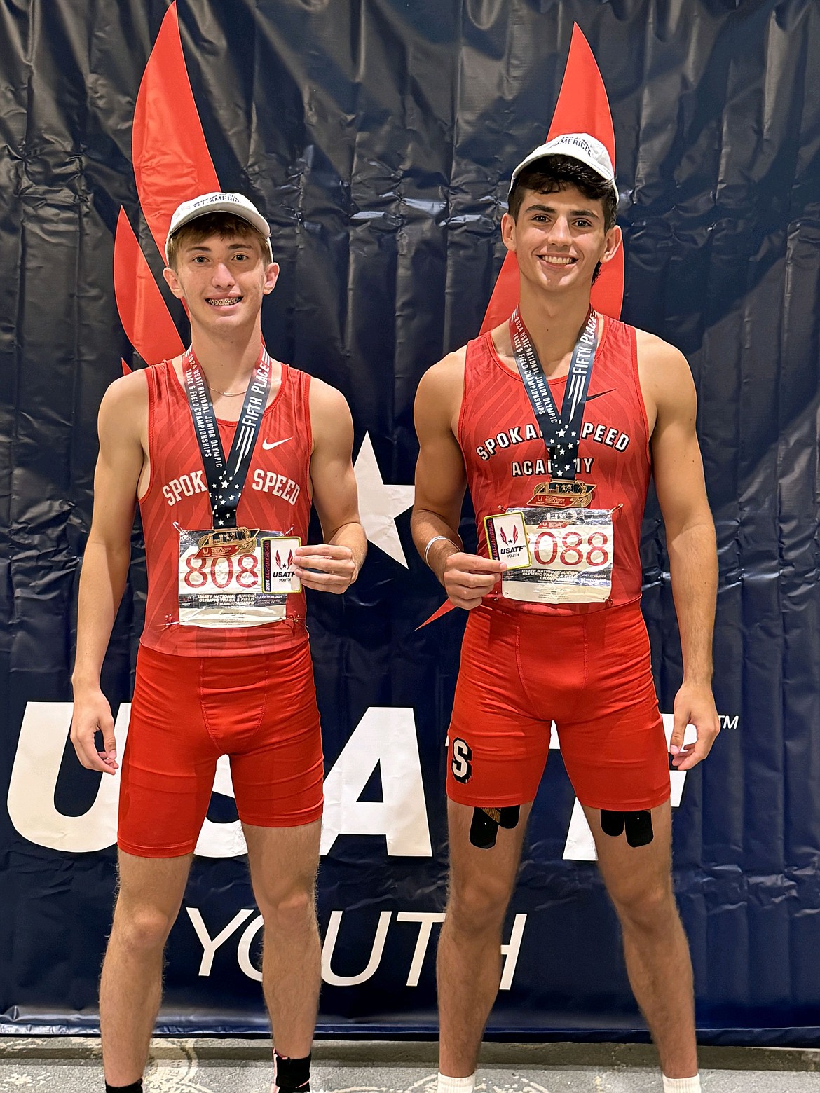 Courtesy photo
Post Falls High athletes Cobe Cameron and Giovanni Carlino, both competing with the Spokane Speed Academy club team, recently participated in the USATF National Junior Olympics at Texas A&M University in College Station, Texas. The duo qualified for both the 4x100 and 4x400 relay, finishing fifth in 3 minutes, 15.97 seconds to earn All-American honors.