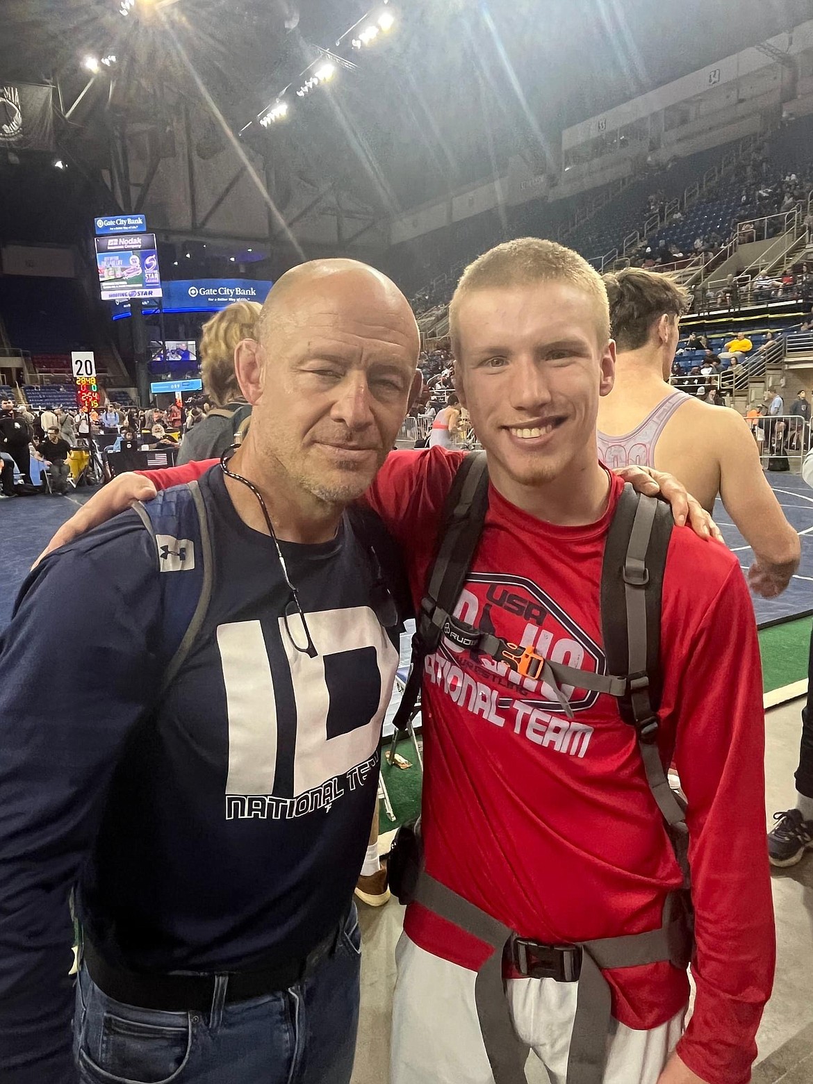 Shane Sherrill, right, poses for a photo with Team Idaho head coach Chris Owens. Idaho, in the Junior Division, finished sixth in Greco-Roman and 28th in Freestyle. In the 16U division, Idaho finished 11th in Greco-Roman and 32nd in Freestyle.