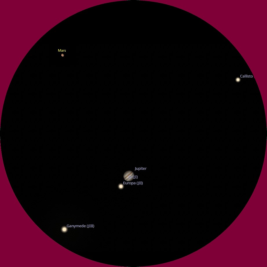 This view is what you should see when looking through your telescope eyepiece at around 125x. Graphic courtesy of John Taylor