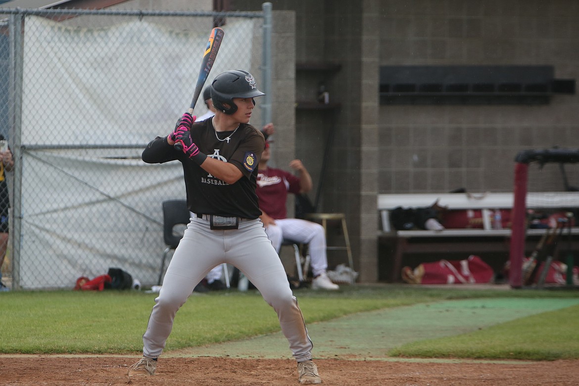 Almira/Coulee-Hartline catcher Grayson Beal waits for a pitch during a game against Spokane Valley on July 29. Beal finished second on the team with 29 hits in 26 games this summer.