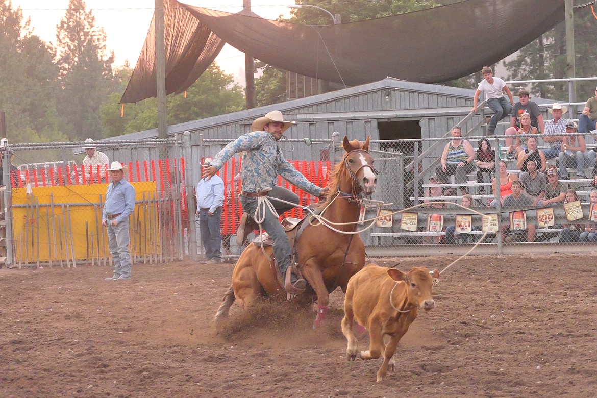 A competitor in the tie down roping event at this year's Superior Lion's Club rodeo watches his lasso head for a sprinting calf.   (Chuck Bandel/MI-VP)