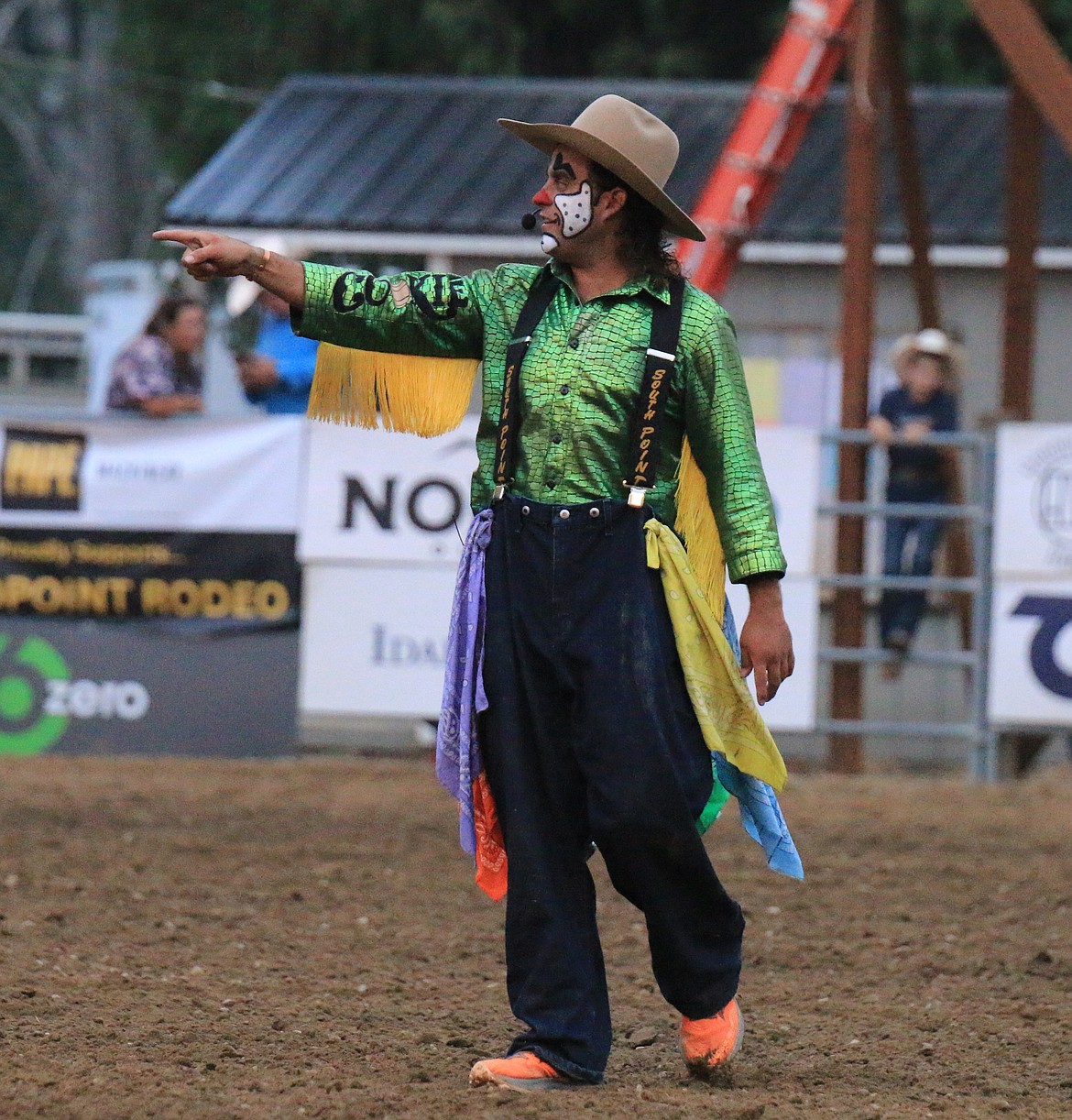 Rodeo Clown Zack Cook, who hails from Cody, Wyo. and is also known as Cookie, entertains the crowd during a break in the action at the Sandpoint Rodeo.