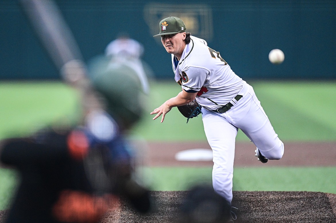 Glacier starting pitcher Patrick Wicklander (24) delivers in the fifth inning against the Missoula Paddleheads at Glacier Bank Park on Tuesday, Aug. 6. (Casey Kreider/Daily Inter Lake)