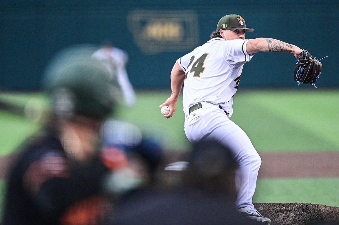 Glacier starting pitcher Patrick Wicklander (24) delivers in the fifth inning against the Missoula Paddleheads at Glacier Bank Park on Tuesday, Aug. 6. (Casey Kreider/Daily Inter Lake)