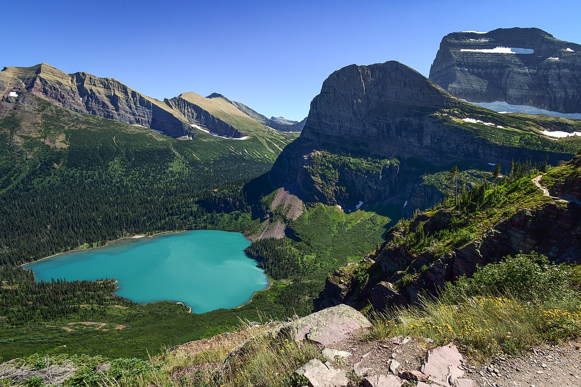 The Grinnell Glacier trail above Lower Grinnell Lake in Glacier National Park on Thursday, Aug. 1. (Casey Kreider/Daily Inter Lake)