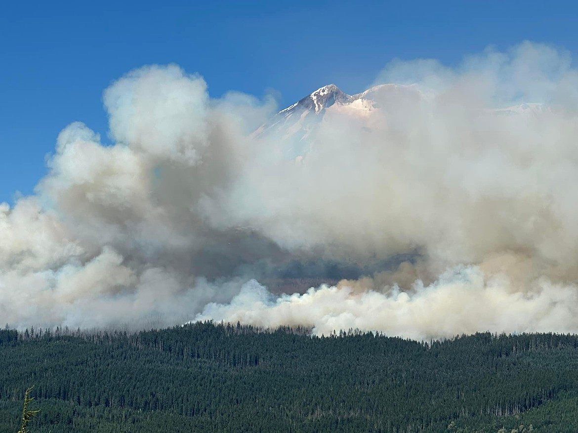 Smoke smolders over the trees covering Mt. Adams in Skamania County. The Williams Mine Fire started on Monday and has quickly expanded to about 3,000 acres without containment.