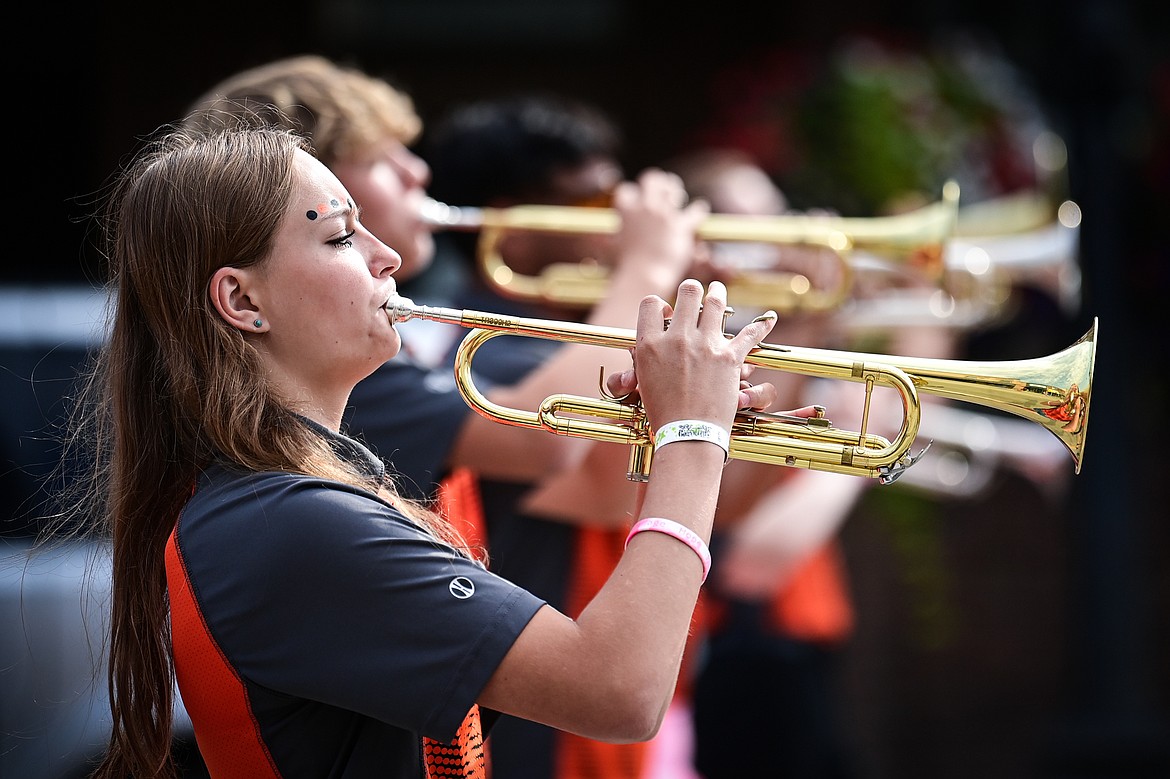 Members of the Flathead High School Marching Band perform during the Northwest Montana Fair Parade in Kalispell on Friday, Aug. 9. (Casey Kreider/Daily Inter Lake)