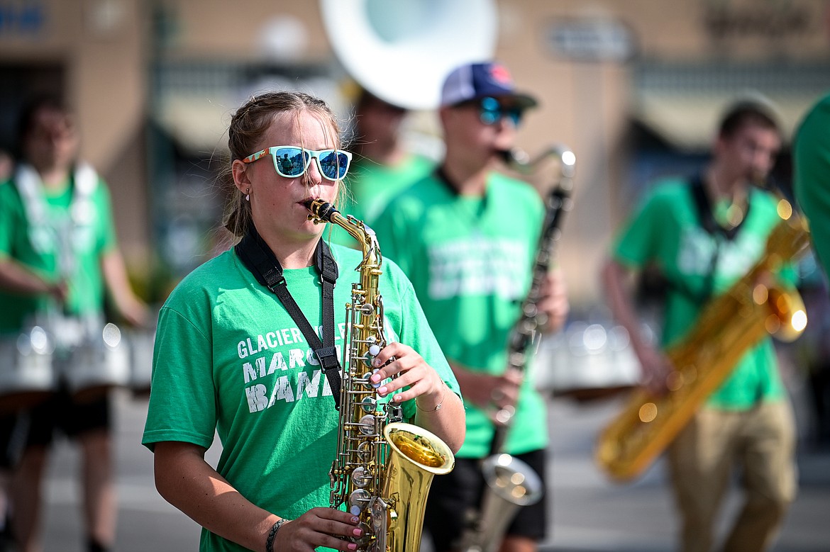 Members of the Glacier Wolfpack Marching Band perform during the Northwest Montana Fair Parade in Kalispell on Friday, Aug. 9. (Casey Kreider/Daily Inter Lake)